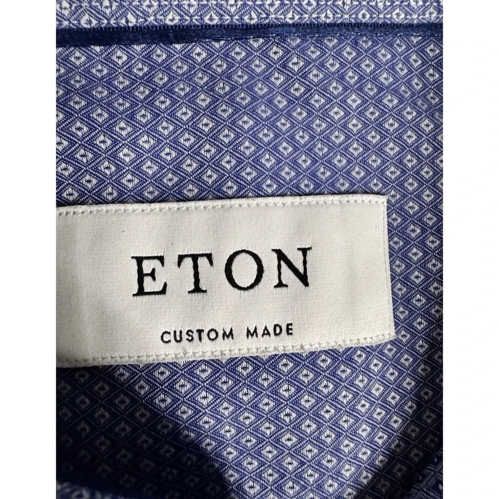 Eton Custom Made Mens Blue Geometric Diamond French Cuff Dress Shirt 16 22.5x30